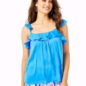 NWT Lilly Pulitzer Cailee Ruffle Satin Tank Cami Top Sleeveless Thistle Blue